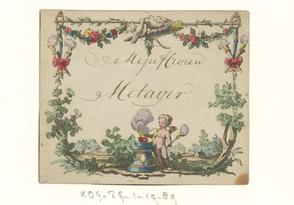 Bruiloftskaart voor 'Mejuffrouw Metayer' by anonymous, print, 1780-1790