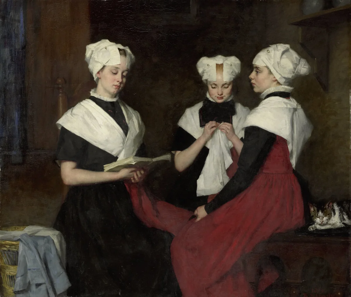 Drie meisjes uit het Amsterdamse Burgerweeshuis by Thérèse Schwartze, painting, 1885