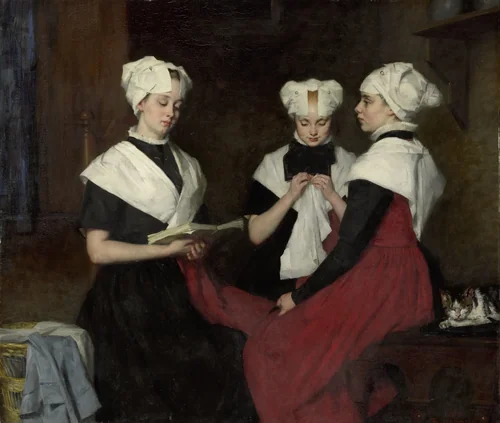Drie meisjes uit het Amsterdamse Burgerweeshuis by Thérèse Schwartze, painting, 1885