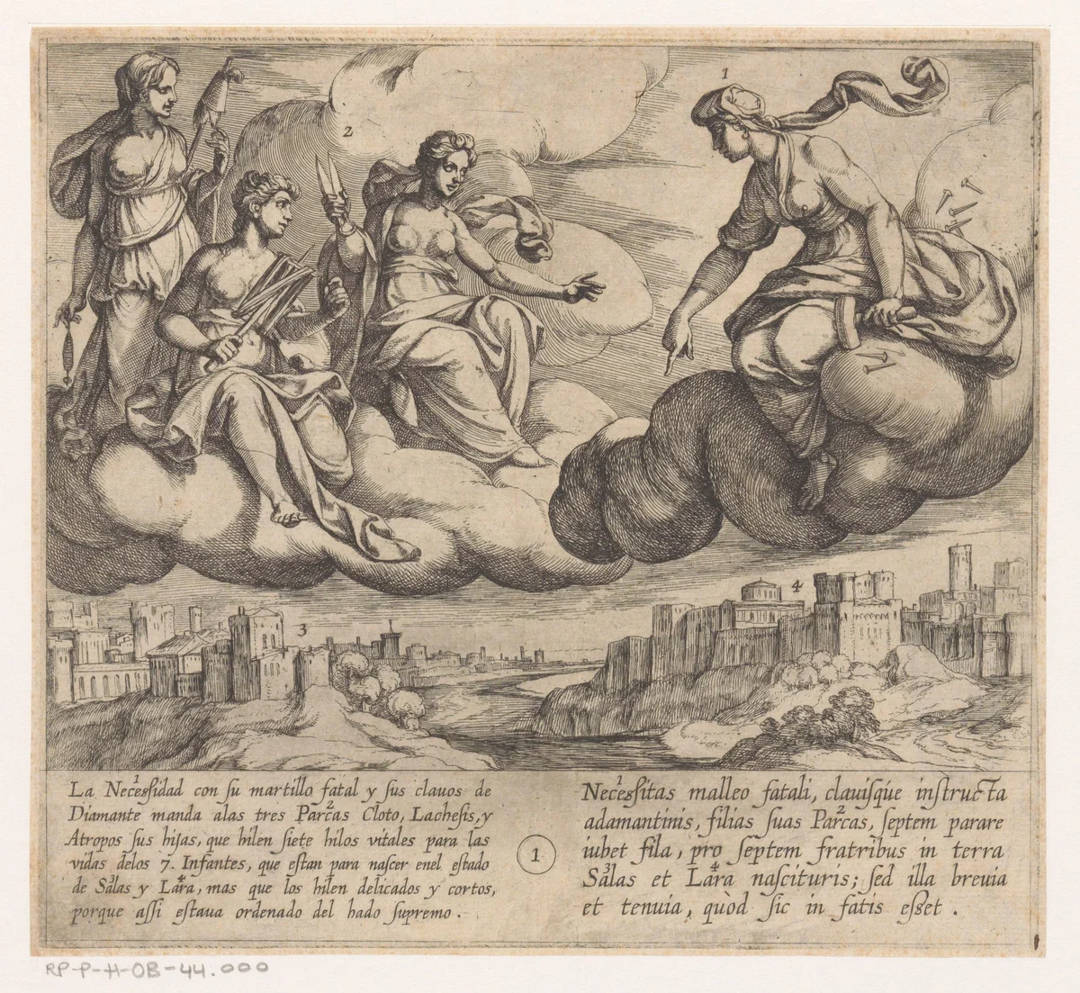 Noodzaak beveelt de schikgodinnen om de levensdraden van de zeven zonen van Lara kort en ijl te weven by Antonio Tempesta, print, 1612