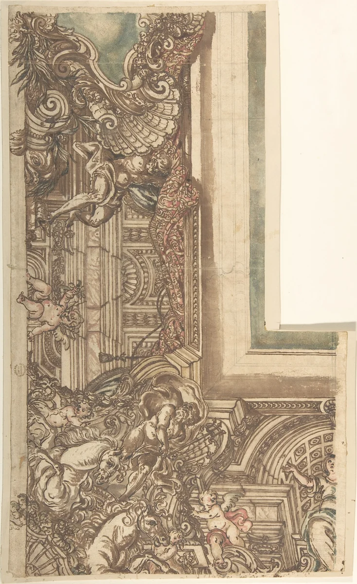 Ceiling Design with Neptune in Corner by anonymous, drawing, 1600-1700