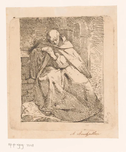 Zittende monnik met boek en staf by Bruno Boucquillon, print, 1826-1878