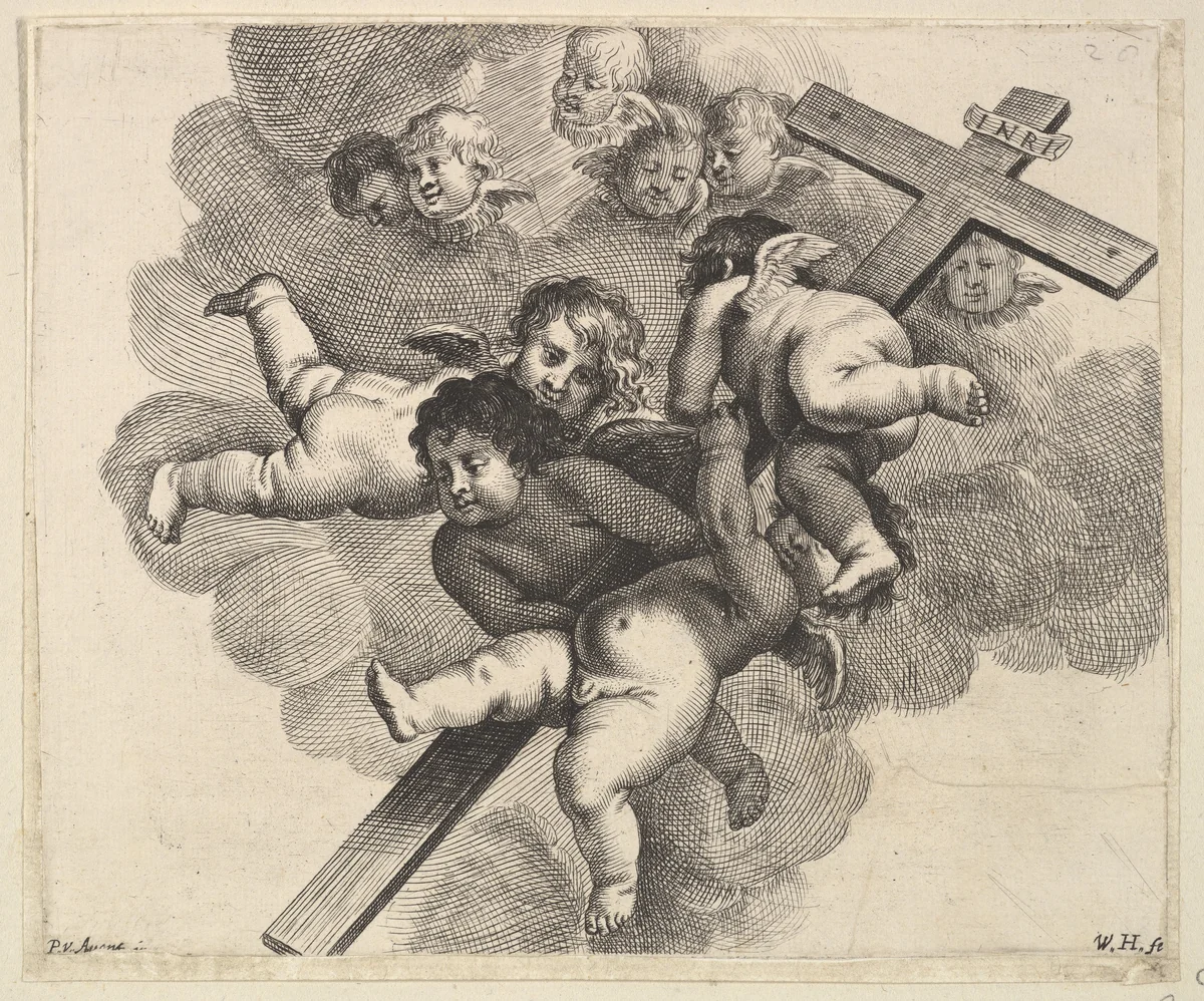 Four cherubs carrying a cross by Wenceslaus Hollar, print, 1640-1652
