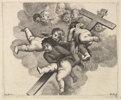 Four cherubs carrying a cross by Wenceslaus Hollar, print, 1640-1652
