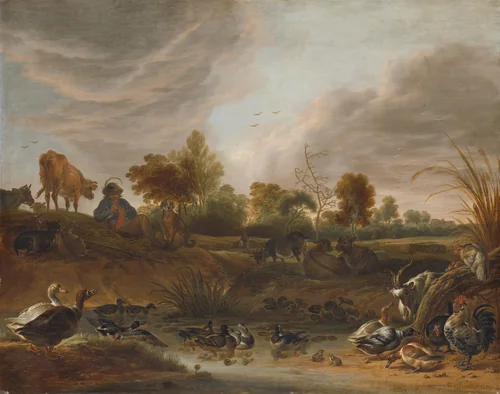 Landscape with a Herdsman, Cattle and Poultry by Cornelis Saftleven, painting, 1652