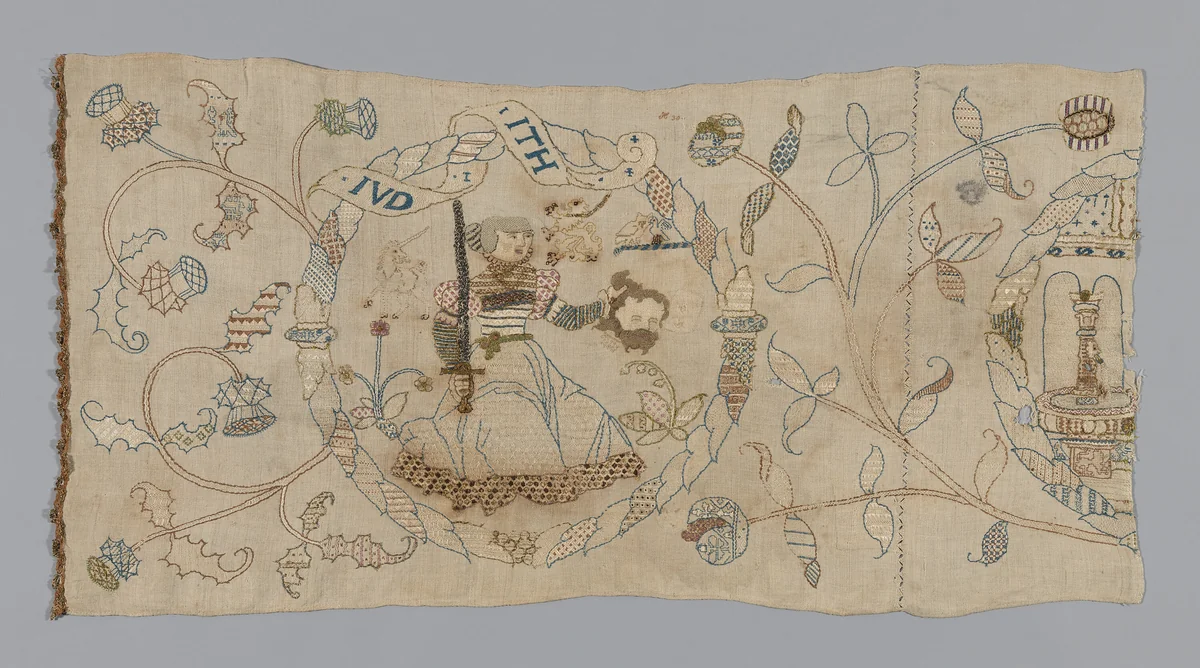 Panel (Judith with the head of Holofernes, Possibly from an Altar Frontal) by Switzerland, textile, 1580-1610