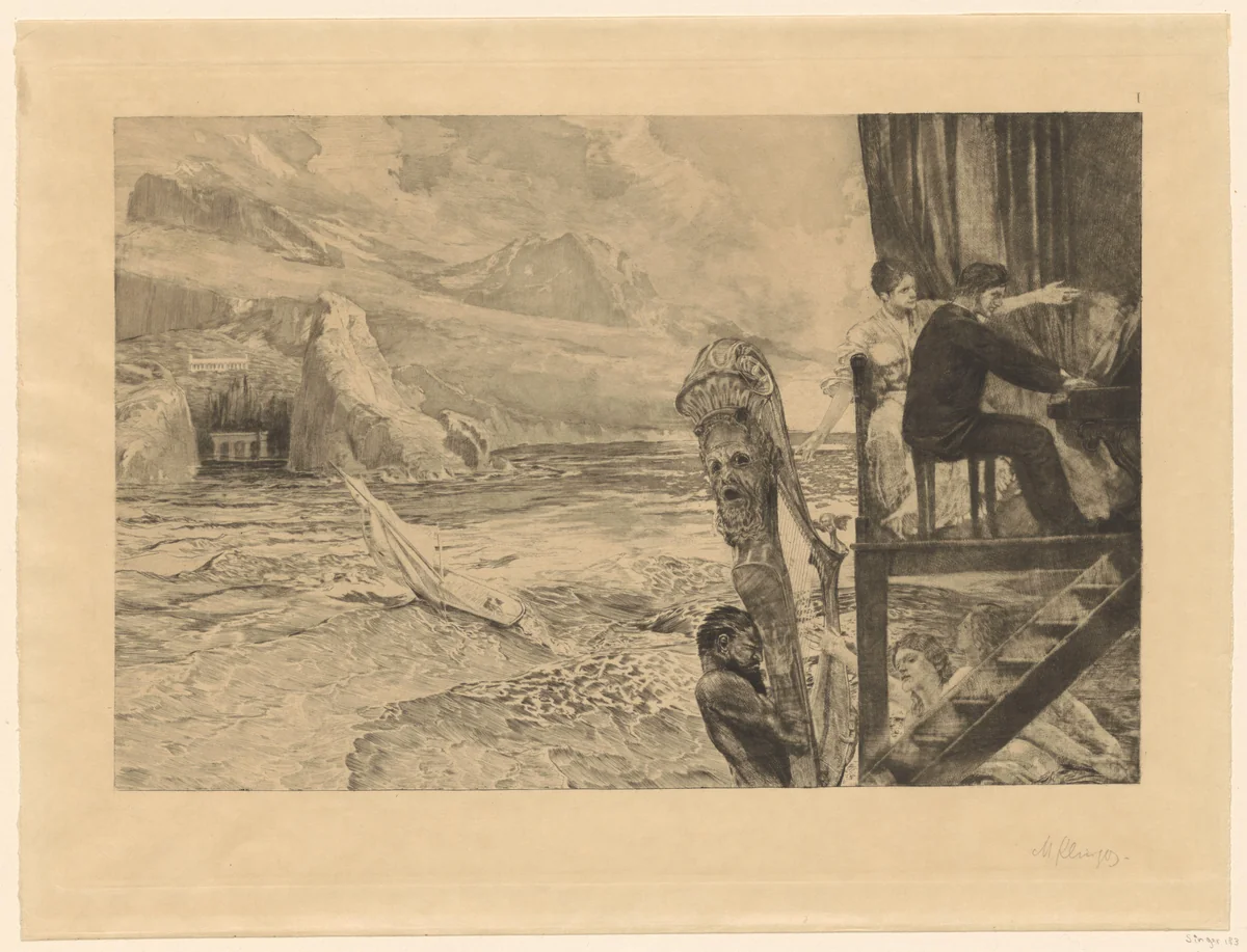 Pianist op houten balkon omringd door nimfen voor een baai by Max Klinger, print, 1894