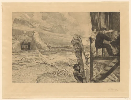 Pianist op houten balkon omringd door nimfen voor een baai by Max Klinger, print, 1894