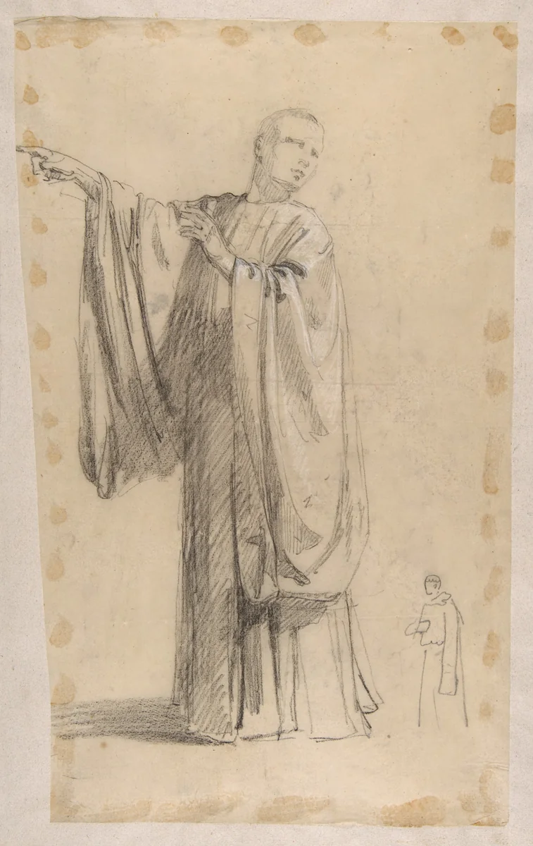 Cleric (lower register; study for wall paintings in the Chapel of Saint Remi, Sainte-Clotilde, Paris, 1858); black chalk landscape sketch on verso of support by Isidore Pils, drawing, 1825-1875