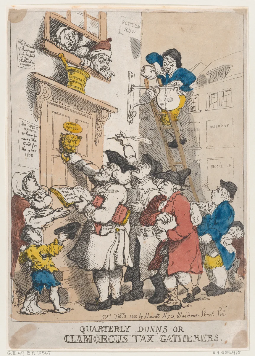Quarterly Dunns, or Clamorous Tax Gatherers by Thomas Rowlandson, print, 1805