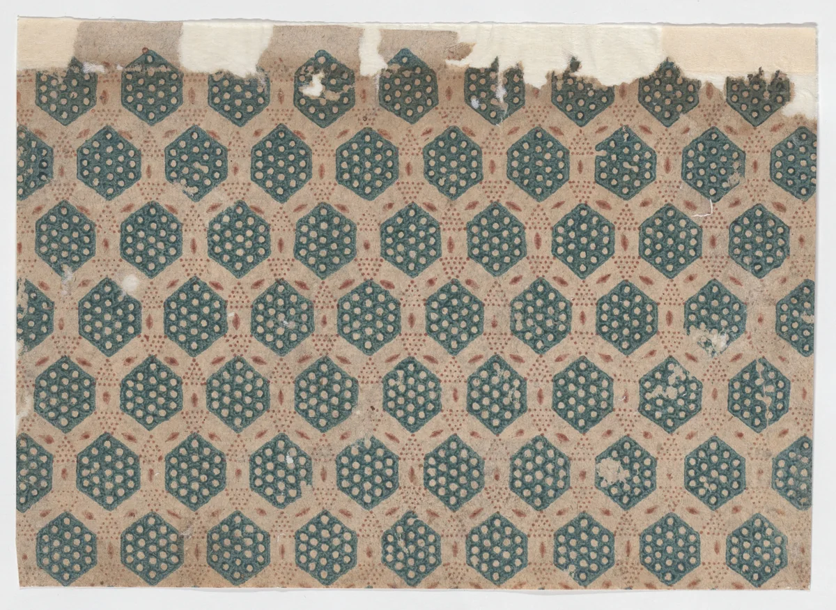 Sheet with overall pattern of hexagonal shapes by anonymous, print, 1800-1900