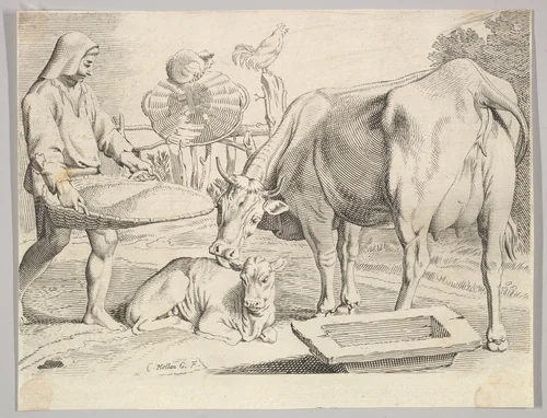Country Scene with a Peasant, Cow and Calf by Claude Mellan, print, 1600-1688