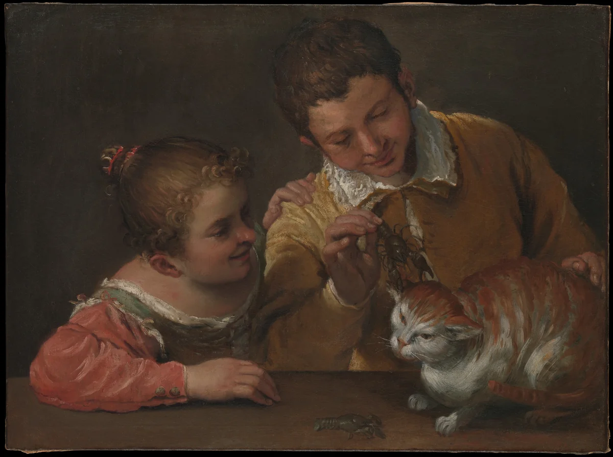 Two Children Teasing a Cat by Annibale Carracci, painting, 1587-1588