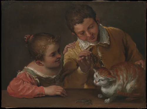 Two Children Teasing a Cat by Annibale Carracci, painting, 1587-1588