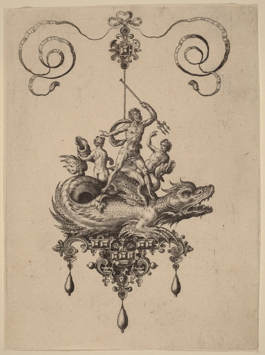 Design for a Pendant with a Sea-Monster Carrying Neptune Flanked by Two Figures by Adriaen Collaert, print, 1582