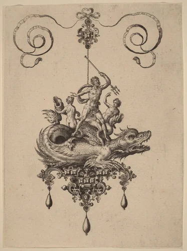 Design for a Pendant with a Sea-Monster Carrying Neptune Flanked by Two Figures by Adriaen Collaert, print, 1582