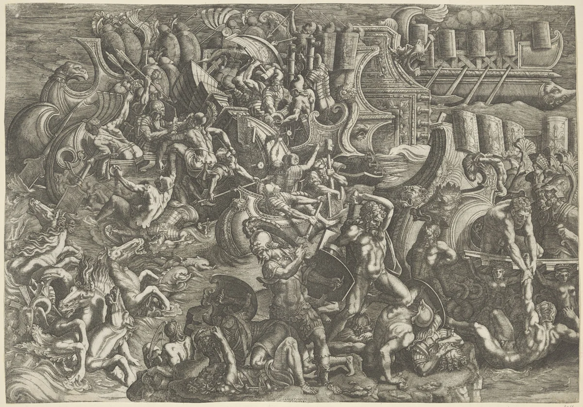 Zeeslag tussen de Trojanen en de Grieken by Unknown, print, 1538
