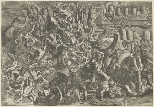 Zeeslag tussen de Trojanen en de Grieken by Unknown, print, 1538