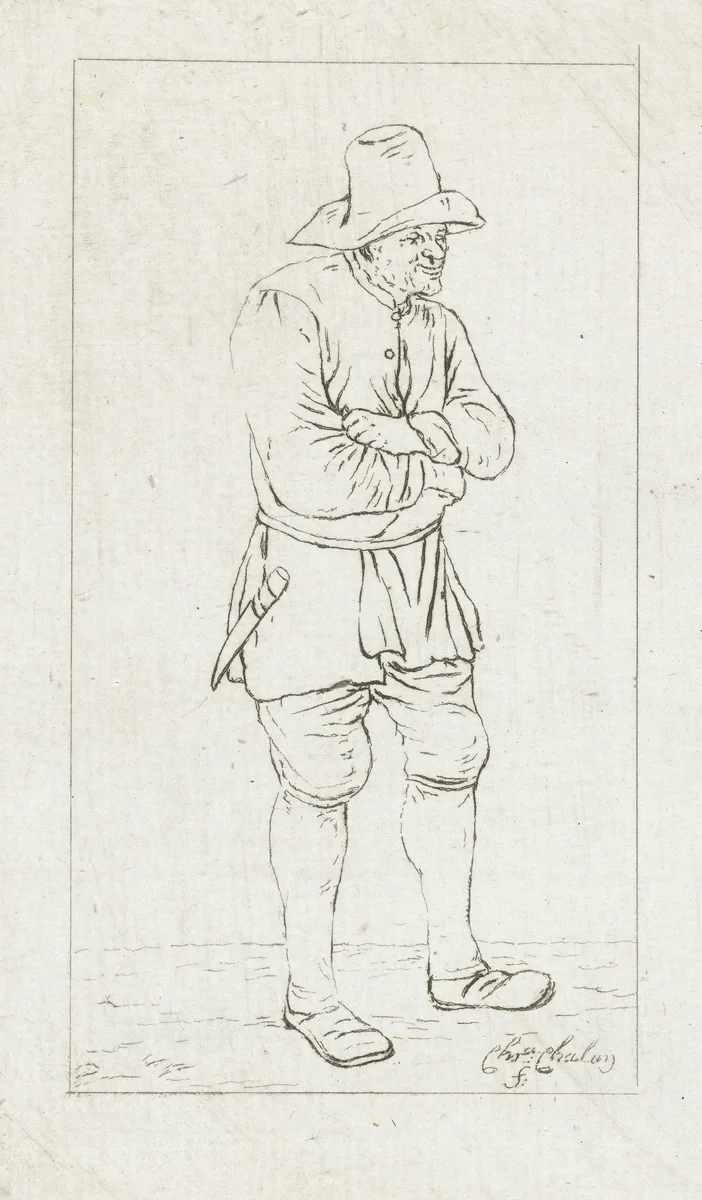 Staande man met armen over elkaar by Pieter de Mare, print, 1779