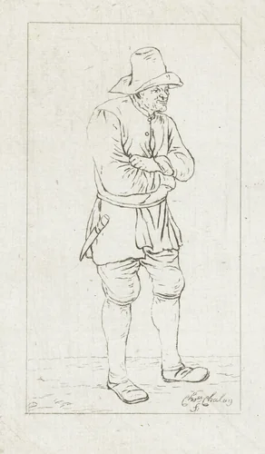 Staande man met armen over elkaar by Pieter de Mare, print, 1779