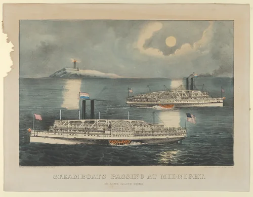 Steamboats Passing at Midnight – On Long Island Sound by Currier & Ives, print, 1868-1878
