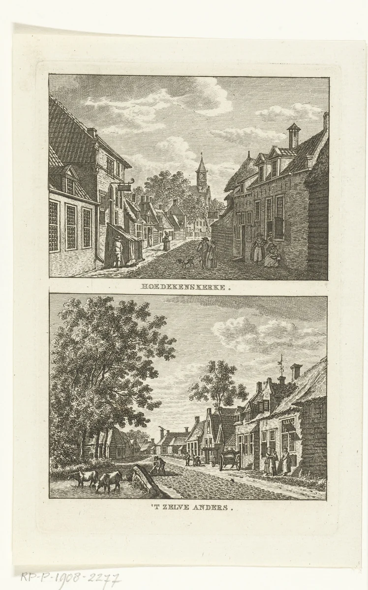Twee dorpsgezichten te Hoedekenskerke by Carel Frederik Bendorp, print, 1786-1792