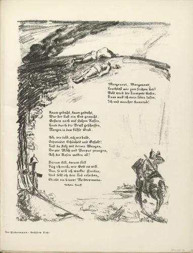 Untitled, illustration to Wilhelm Hauff's poem "Dawn's Light" (Morgenrot, Morgenrot) (border, 6th song, folio 44) from the periodical Der Bildermann, supplement to vol. 1, no. 11 (Sep 1916) by Josef Bato, periodical, 1916