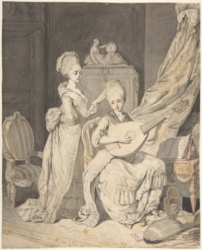 Two Women in an Elegant Interior: a Singer Accompanied by a Lutenist by Pierre Alexandre Wille, drawing, 1771