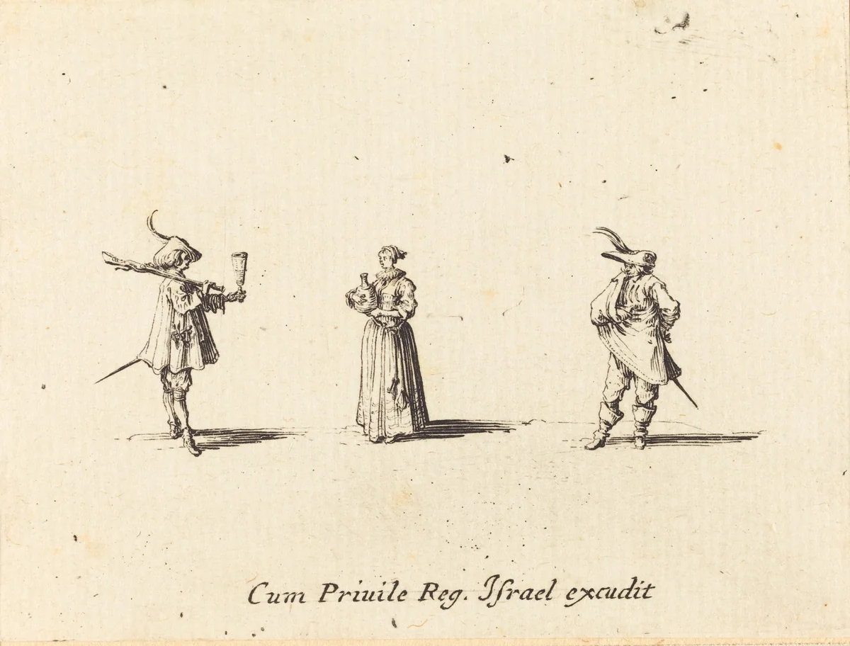 Lady with Wine Bottle, and Two Gentlemen by Jacques Callot, print, 1628-1638
