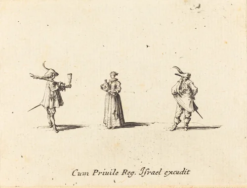 Lady with Wine Bottle, and Two Gentlemen by Jacques Callot, print, 1628-1638