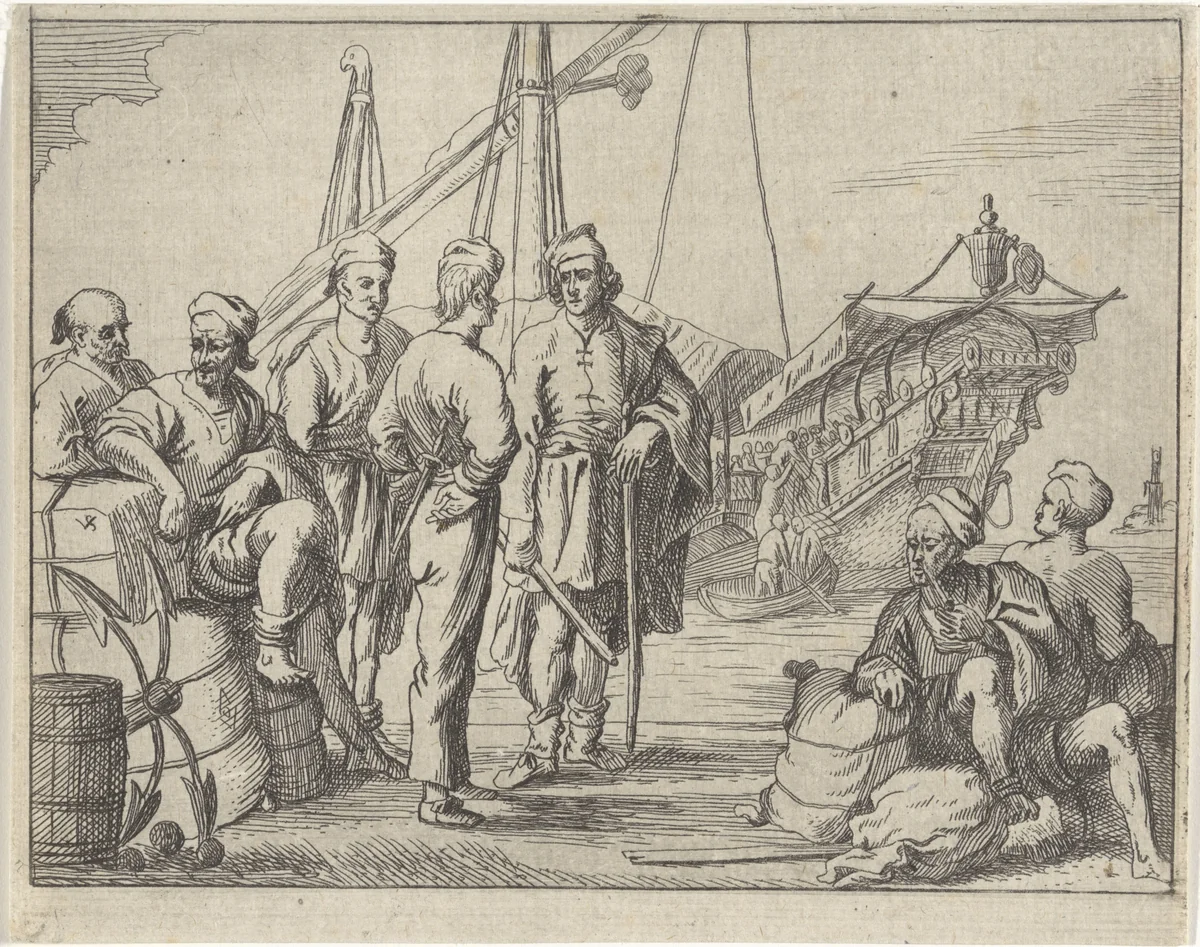 Islamitische galeislaven en zeelieden op een kade by M. Schaep, print, 1649