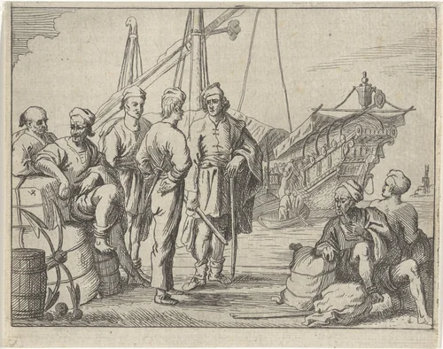 Islamitische galeislaven en zeelieden op een kade by M. Schaep, print, 1649