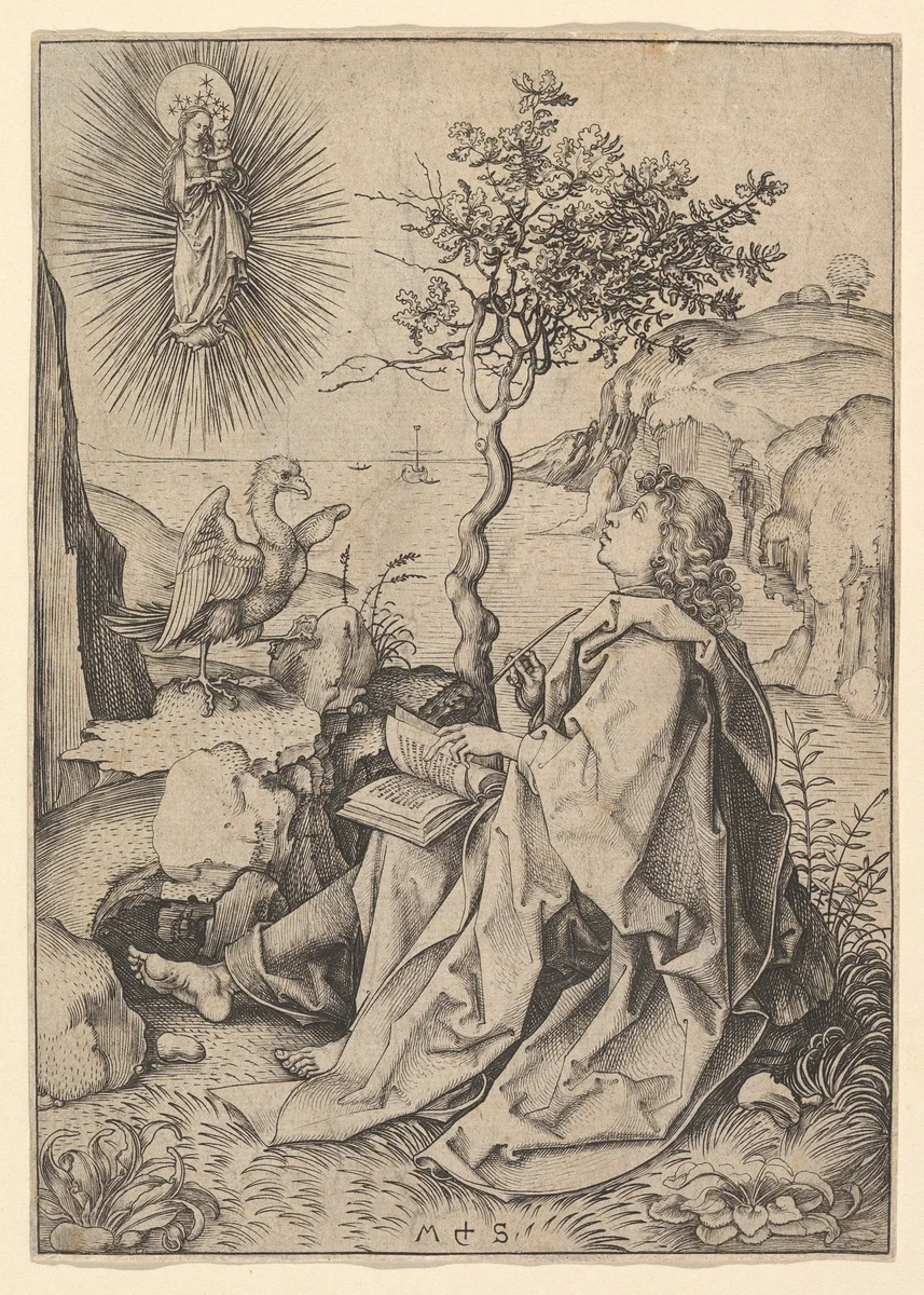 St. John the Evangelist on Patmos by Martin Schongauer, print, 1470-1491