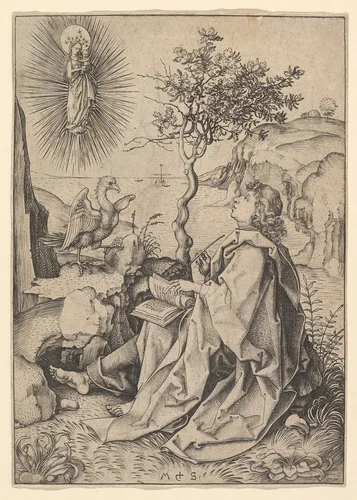 St. John the Evangelist on Patmos by Martin Schongauer, print, 1470-1491