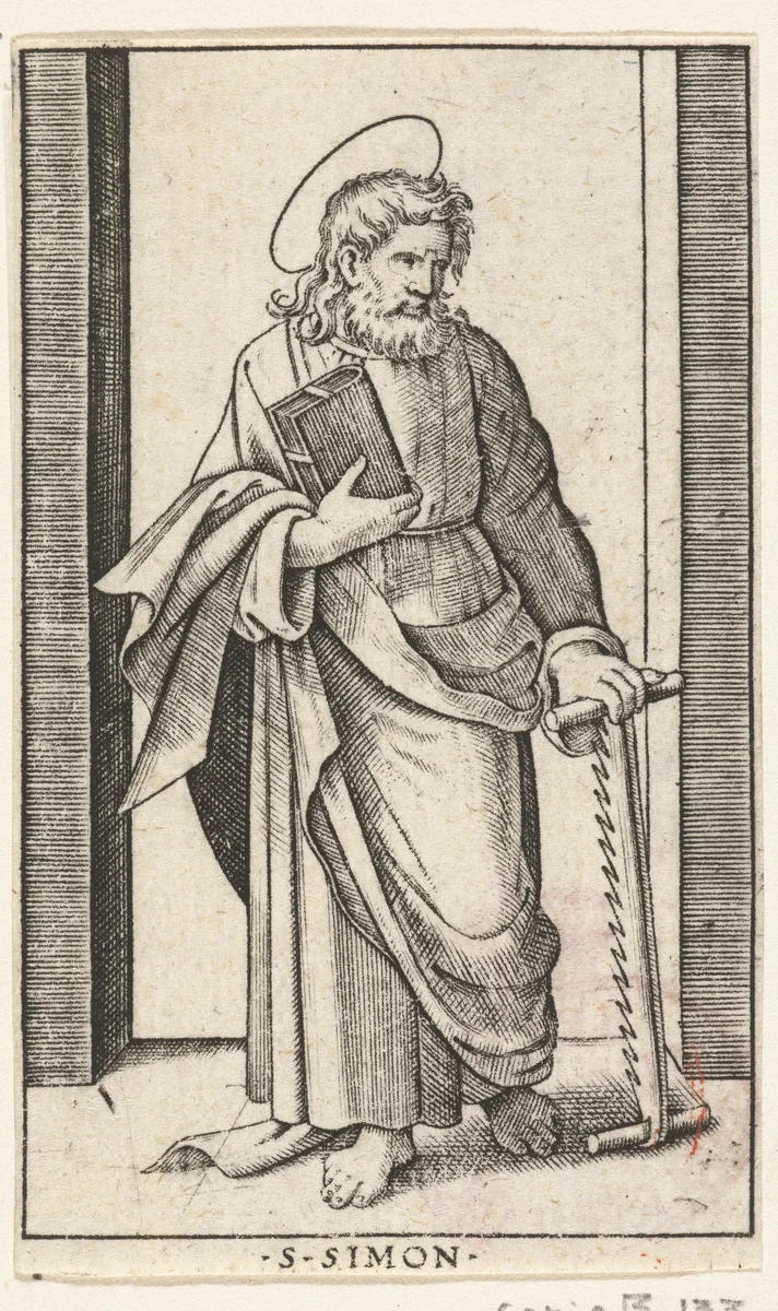 Apostel Simon Zelotes met zaag by anonymous, print, 1517-1577