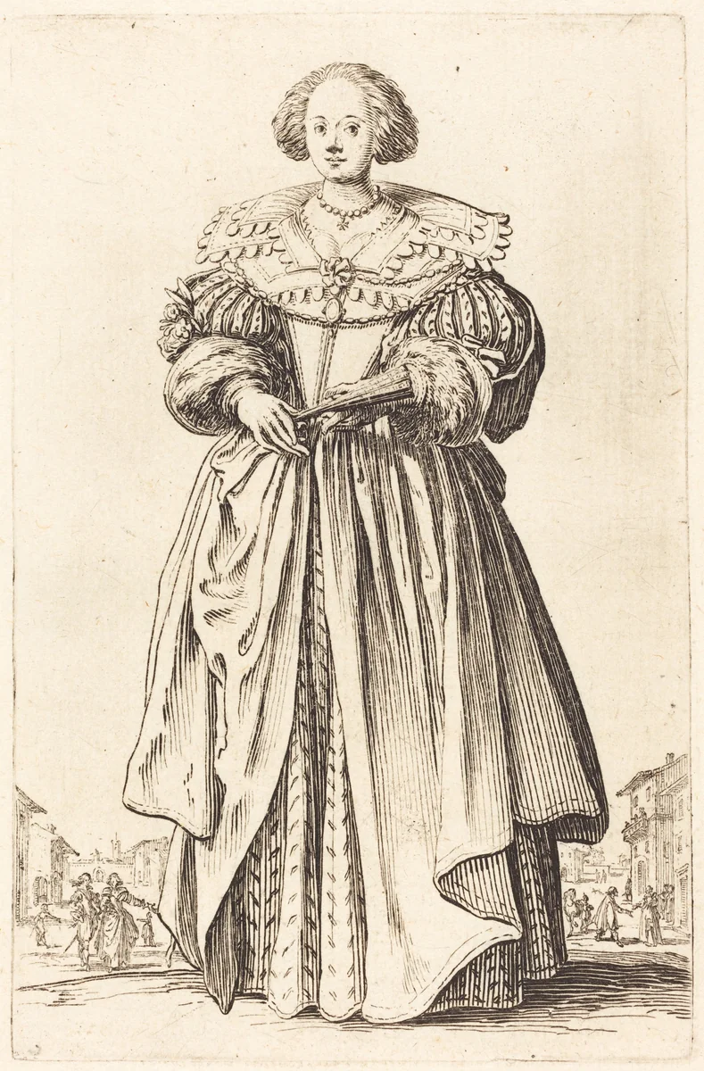 Noble Woman with Fan by Jacques Callot, print, 1620-1623