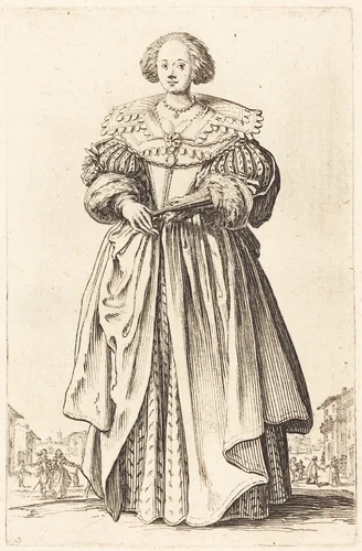 Noble Woman with Fan by Jacques Callot, print, 1620-1623