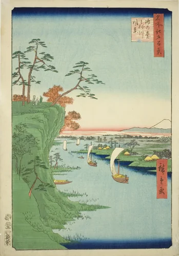 View of Konodai and the Tone River (Konodai Tonegawa fukei), from the series "One Hundred Famous Views of Edo (Meisho Edo hyakkei)" by Utagawa Hiroshige (歌川広重), print, 1856
