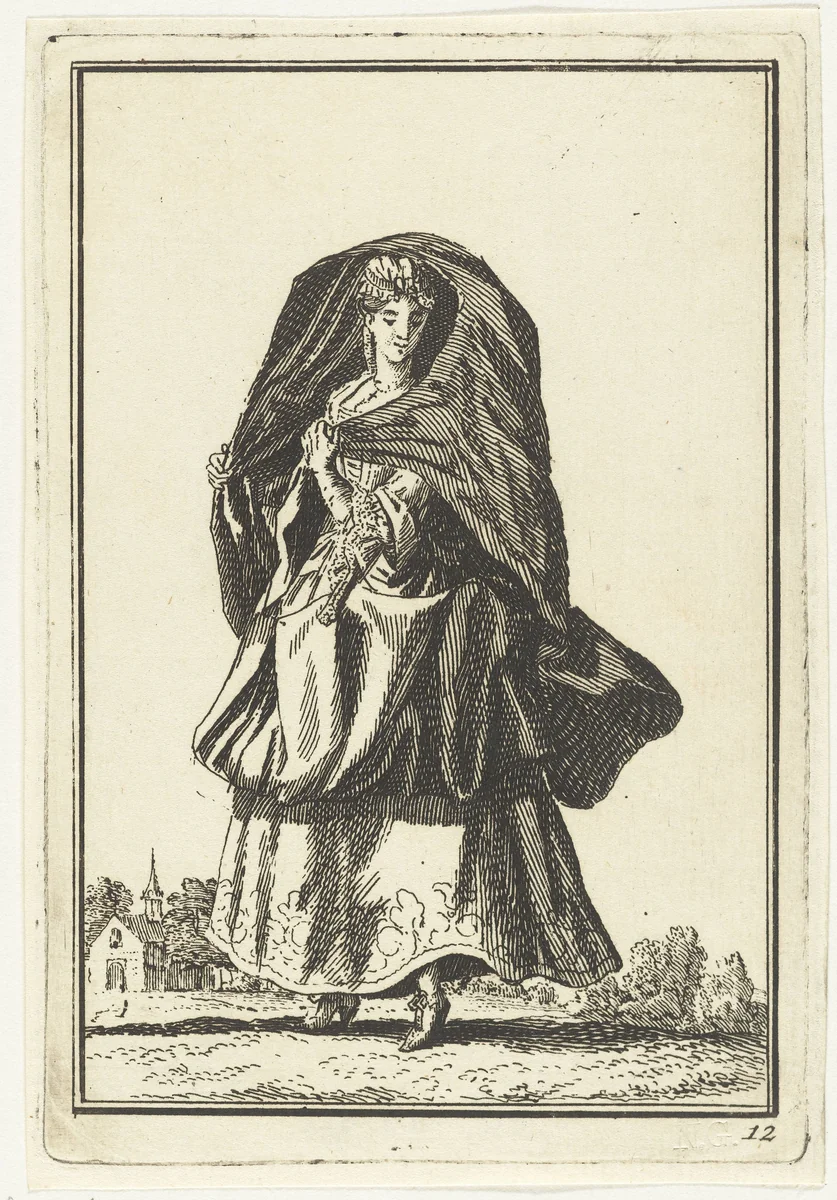 Vrouw in opwaaiende cape by Adolf van der Laan, print, 1710-1755