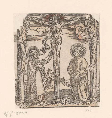 Christus aan het kruis met Maria, Johannes de Evangelist en de twee moordenaars by anonymous, print, 1526