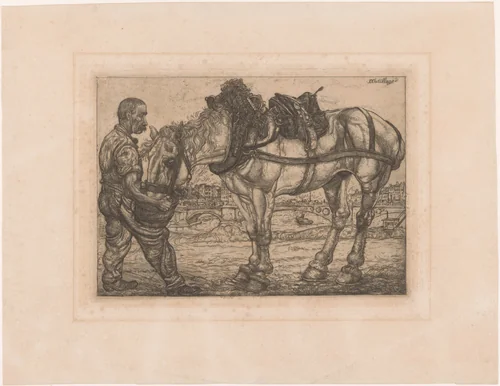 Man voert een paard uit een emmer by Pieter Dupont, print, 1899-1900