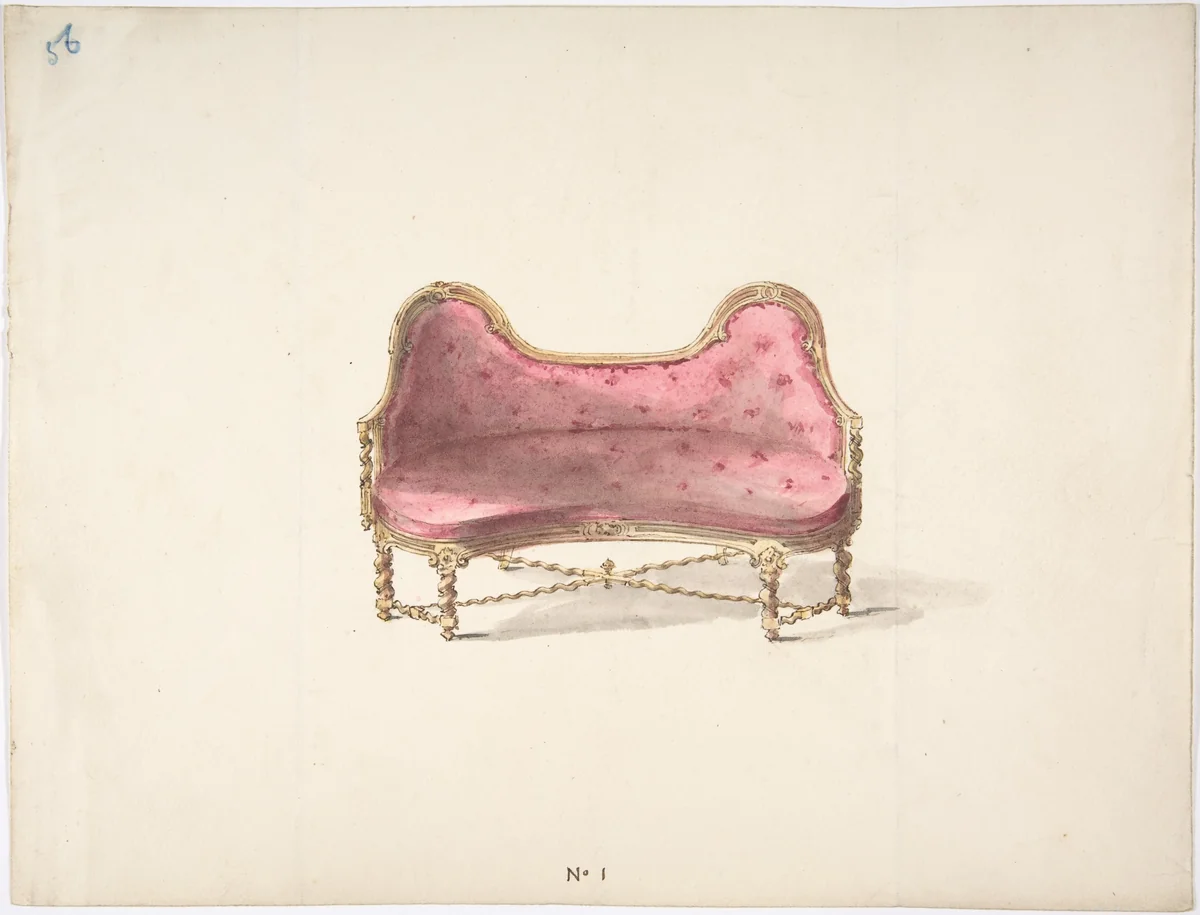 Design for a Double Hump-backed Sofa with Turned Legs and Arms, with Red Tufted Upholstery by anonymous, drawing, 1800-1850