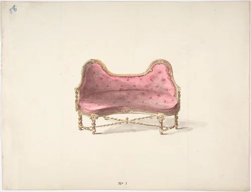 Design for a Double Hump-backed Sofa with Turned Legs and Arms, with Red Tufted Upholstery by anonymous, drawing, 1800-1850
