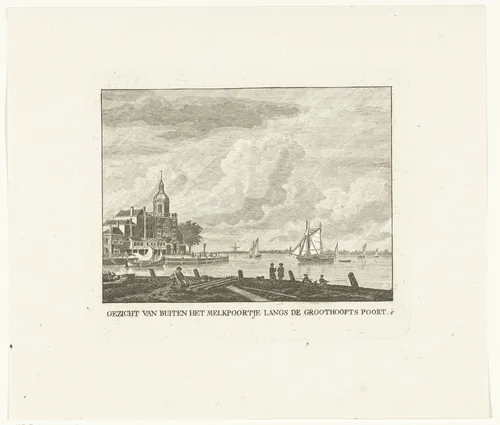 Gezicht vanaf het Melkpoortje op Groothoofdspoort te Dordrecht by Carel Frederik Bendorp, print, 1803