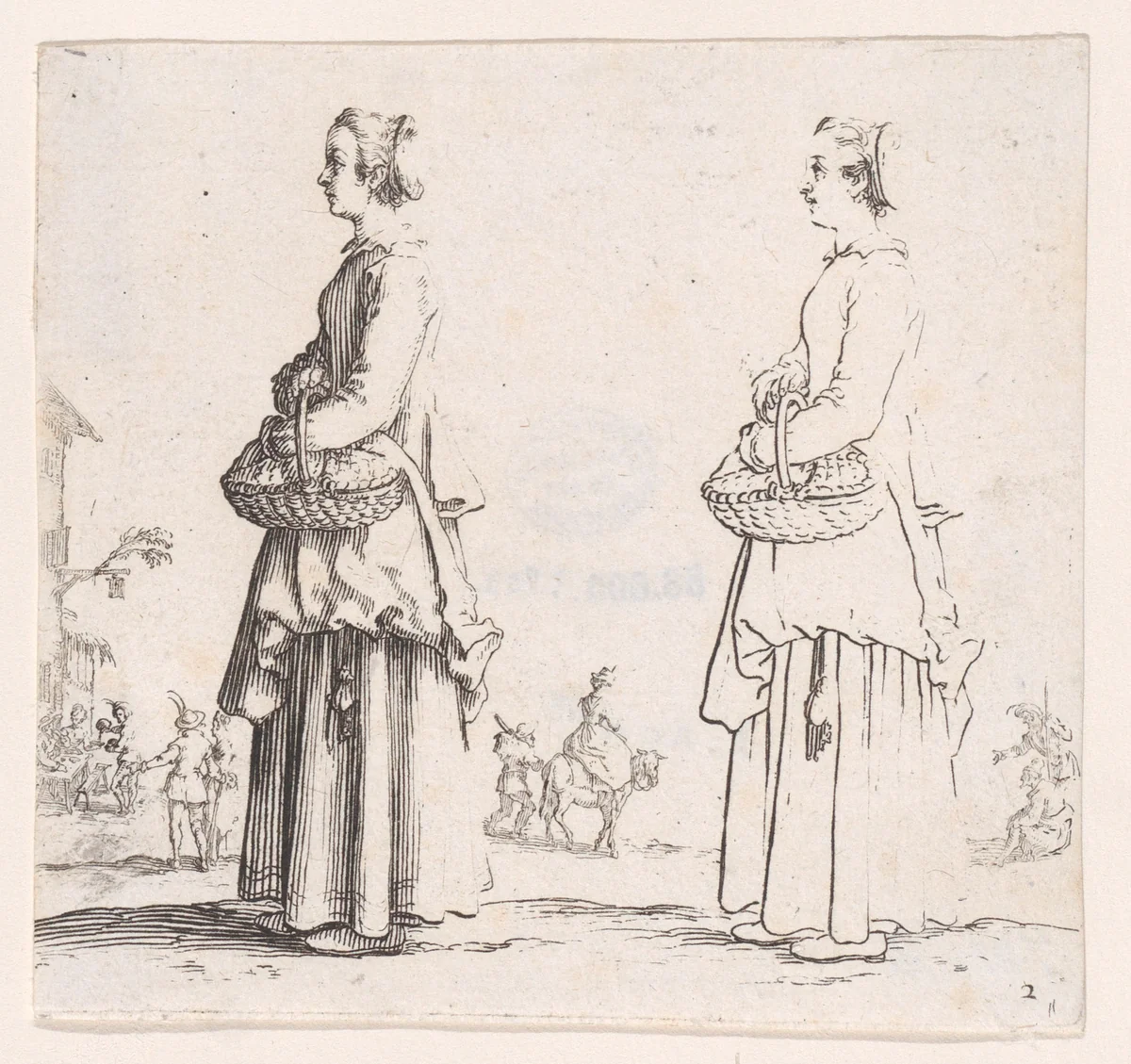 La Paysanne Tournée a Gauche, un Panier a son Bras (La Paysanne Turned to the Left, a Basket in her Arms), plate 2 from "Varie Figure" (Various Figures) by Jacques Callot, print, 1615-1625
