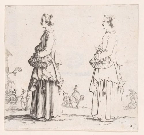 La Paysanne Tournée a Gauche, un Panier a son Bras (La Paysanne Turned to the Left, a Basket in her Arms), plate 2 from "Varie Figure" (Various Figures) by Jacques Callot, print, 1615-1625