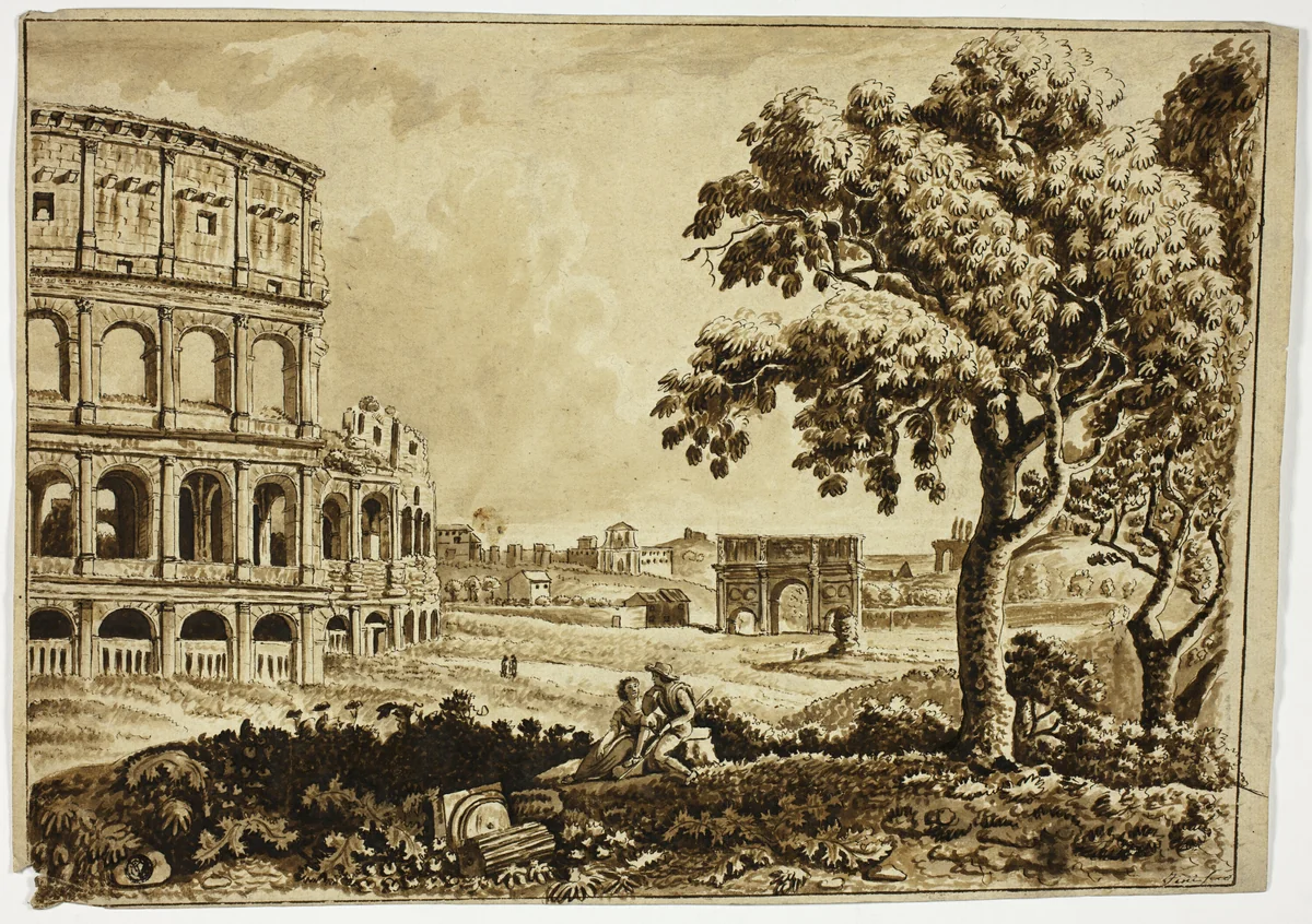 View of Roman Colosseum and Arch of Titus, with Couple in Foreground by Giuseppe Fini, drawing, 1800-1847