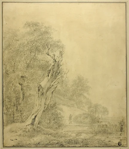 Dead Tree at Water's Edge, Figure Approaching with Pole by Jacob van Ruisdael, drawing, 1648-1682