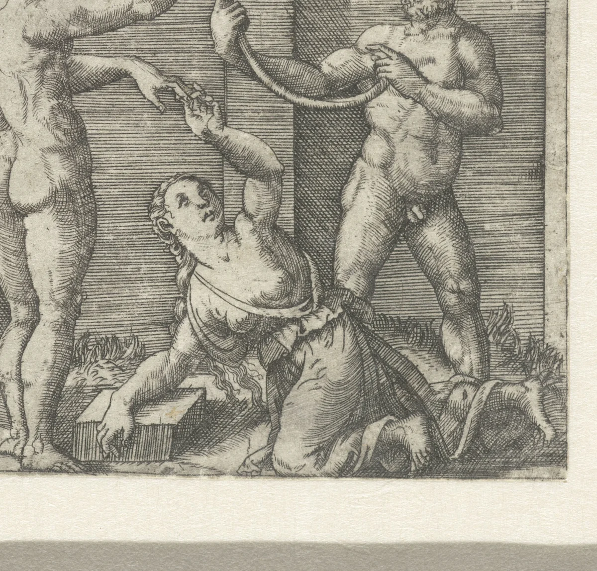 Twee mannen buigen staaf krom en vrouw schuift ring aan vinger man by anonymous, print, 1510-1575