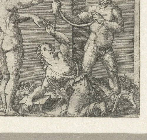 Twee mannen buigen staaf krom en vrouw schuift ring aan vinger man by anonymous, print, 1510-1575